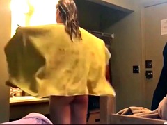 My blonde sister is naked in a hotel room