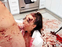 Blasen, Spermaladung, Schwanz, Fetisch, Würgen, Küche, Muschi, Titten