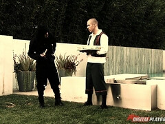 Naked Aces Cosplay Threesome Scene with Sexy Maid in Fishnets - Adrianna Lynn