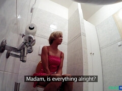 Bad, Blondine, Besamung, Büro, Muschi, Toilette, Uniform, Spanner