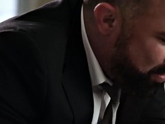 Hairy booty anally drilled by big cock tattooed top in car