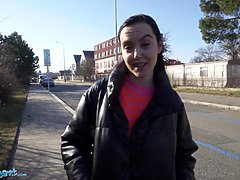 Spanish cutie with small tits seduces public agent for a hot fuck & pussy pounding