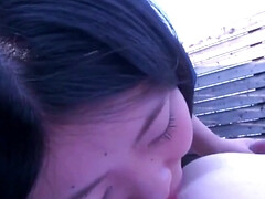 Hairy Asian Woman Cheating Outdoors On The Balcony