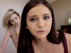 Two petite sluts sharing Ricky's cock in bed