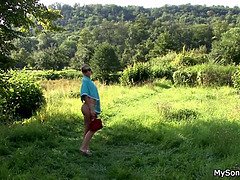 Older man eats son's GF pussy in the fields