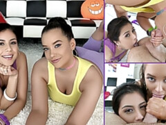 Grosser arsch, Grosse titten, Blasen, Sperma im mund, Spermaladung, Handjob, Latina, Tätowierung