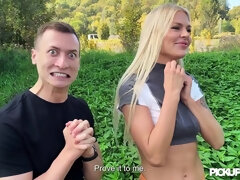 Long-Legged Blonde Zlata Shine gives a sloppy blowjob to her lucky pickup