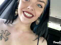 Lusty doll with impressive melons Pawg Queen poses in the car