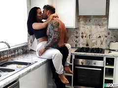 Full-Bosomed darkhaired babe gets butt sex in the kitchen