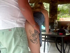 Blonde Babe Fucks BF's Best Friend on Patio - Outdoor Public Creampie Sex!