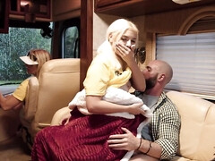 Blonde hitchhiker fucks with a horny man in that camper