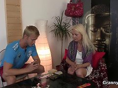 Blonde skinny granny jumps on big meat