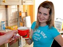 Blond, Hondjeshouding, Keuken, Gezichtspunt, Geschoren, Strippen, Tiener, Tieten likken