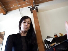 Tied up gimp is humiliated by a depraved brunette mistress