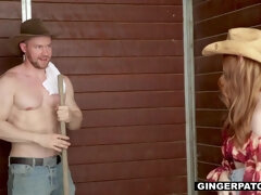 Ginger cowgirl messed up by a thick humungous man sausage
