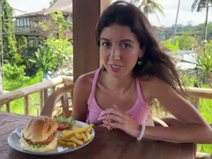 Cute Brunette Katty West Enjoys Public Burger Meal in Restaurant