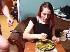 Tonguing, facial cumshot, cum on food