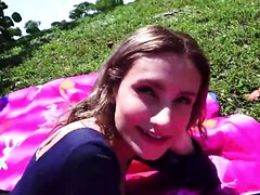 Blond beauty engages passionately in public park anal first time