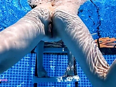 Skinny American Kat Outdoor Pool Voyeur: Underwater Striptease & Nude Swimming in 4K