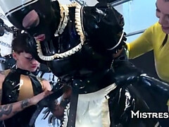 Latex Maid Fucked Hard by Mistress with Machine - Surprise Threesome BDSM
