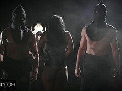 デカチン, デカパイ, ボンデージ, 茶髪の, イマラチオ, ハードコア, 三人, のぞき