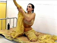 美女, 茶髪の, フェティッシュ, ゴム, 熟年, 淫乱熟女, 一人, オッパイの