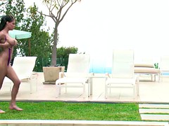 Juicy brunette with a perfect body fucked by the pool