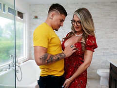 浴室, 黒人, ブロンド, チン, バック, 眼鏡, オマンコ, オッパイの