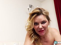 Mya Evans is a blonde MILF who loves getting pounded from behind and swallowing every drop