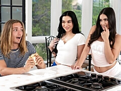 Adorable brunettes Delilah Dagger and Isa Bella love FFM fuck