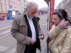 Lenka's young pussy gets worshipped by an old dude with natural tits