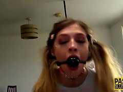 Tied bdsm teen choking on sausage