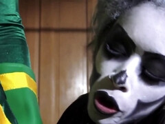 Blonde girl is blowing her partner on special Halloween webcam show