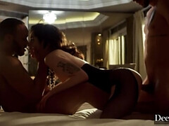 Grosser arsch, Grosser schwanz, Braunhaarige, Kehlenfick, Doppelpenetration, Handjob, Hd, Strümpfe