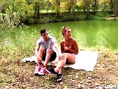 Watch this slim and hot teen babe get pounded by a voyeuristic guy outdoors
