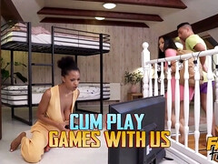 Fakehub - video game toying asian thai teenage female and thick Natural Tits black laTina Babe in threesome after intense game that gets their boobs a