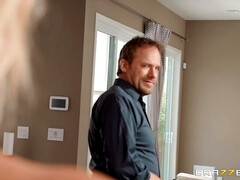 Spunky blonde mom with huge tits fucks young plumber in the bathroom