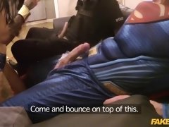 Tiny small-titted British fucking cop and Batman in 3some