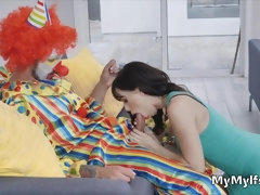 Horny housewife rides clowns hard cock