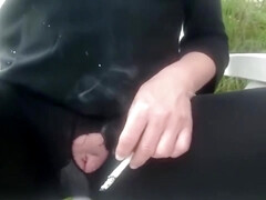 Smoking Cigarette In Black Pantyhose Outside Make Hole For My Clit And Turn Off Cigaret By My Pee