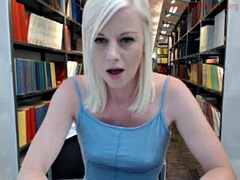 Blonde mature star Shelly flashing in public library