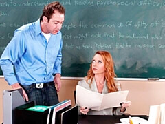 Hot redhead Professor Janet Mason gets to ride on big hard cock in class