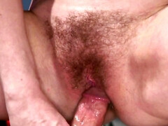 Mistress in stockings dominates guy and lets him drill hairy twat