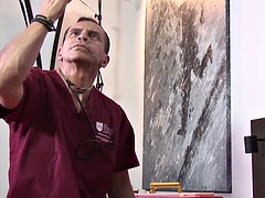 Slim latino shoots cum after being raised by a mature doctor