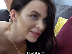 Watch this stunning babe get her tight pussy drilled while her hubby watches in awe