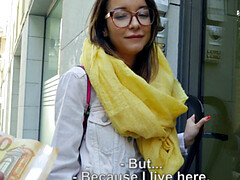 Nerdy babe with glasses rides a big dick in public like a pro