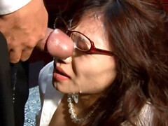 Nerdy Japanese secretary facefucked by boss in his cabinet