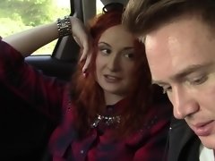 Red-haired angel is having some fun with her two male friends