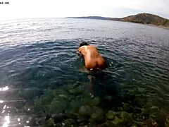 Strand, Mooi, Europees, Vrouw, Naakt, Tiener, Onderwater, Bekijker