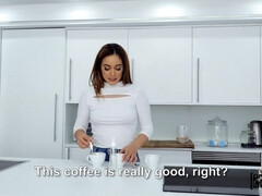 黒人, 顔射, 女 人男 人, 彼女, ジーンズ, キッチン, 三人, オッパイの